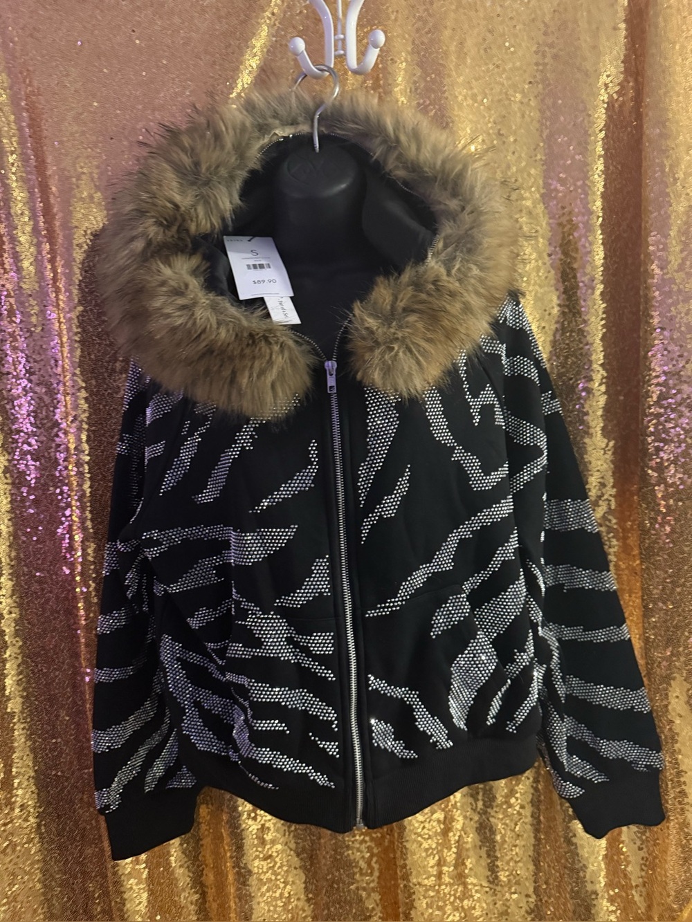Black Faux-Fur Trim Zebra Print Jacket